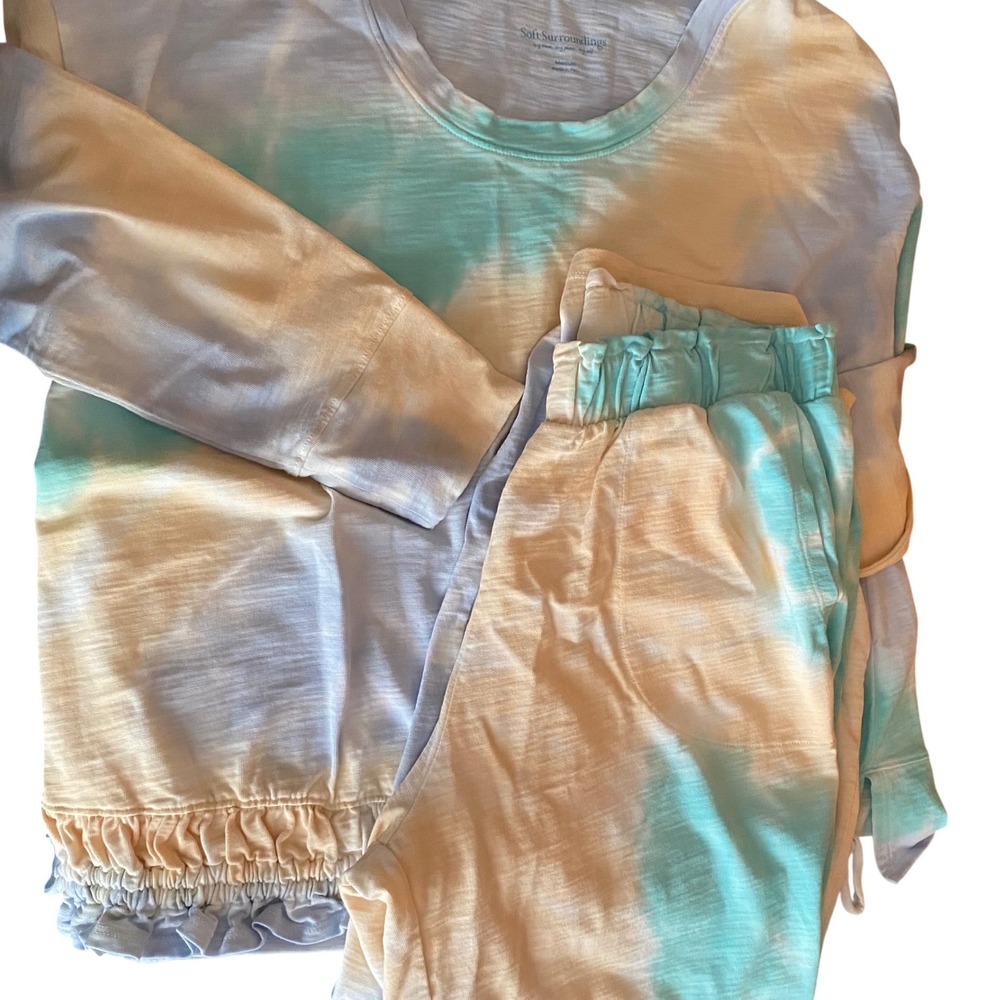 Soft Surroundings Women Tie Dye Lounge Set PJs Cotton Top Wide Leg Pants M